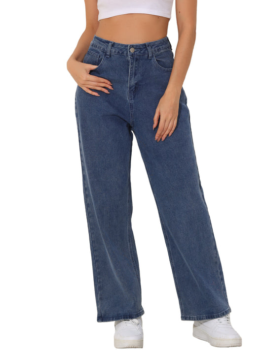 Pantalones vaqueros casuales de pierna recta para mujer, cintura alta elástica, elásticos, con bolsillos