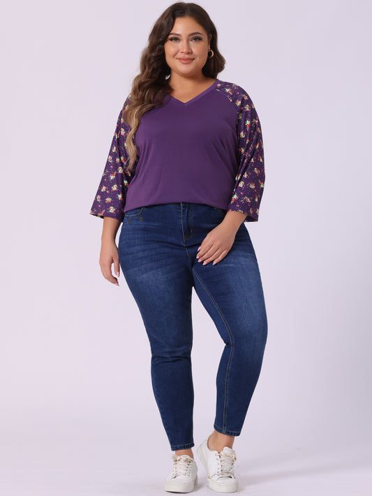 Women's Plus Size Top Casual V Neck 3/4 Sleeve Floral Raglan Top T-Shirt
