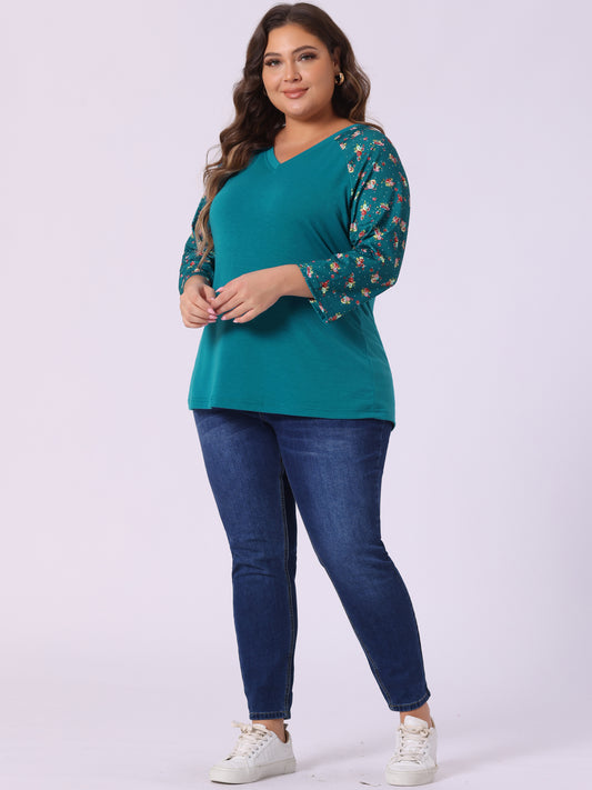 Women's Plus Size Top Casual V Neck 3/4 Sleeve Floral Raglan Top T-Shirt