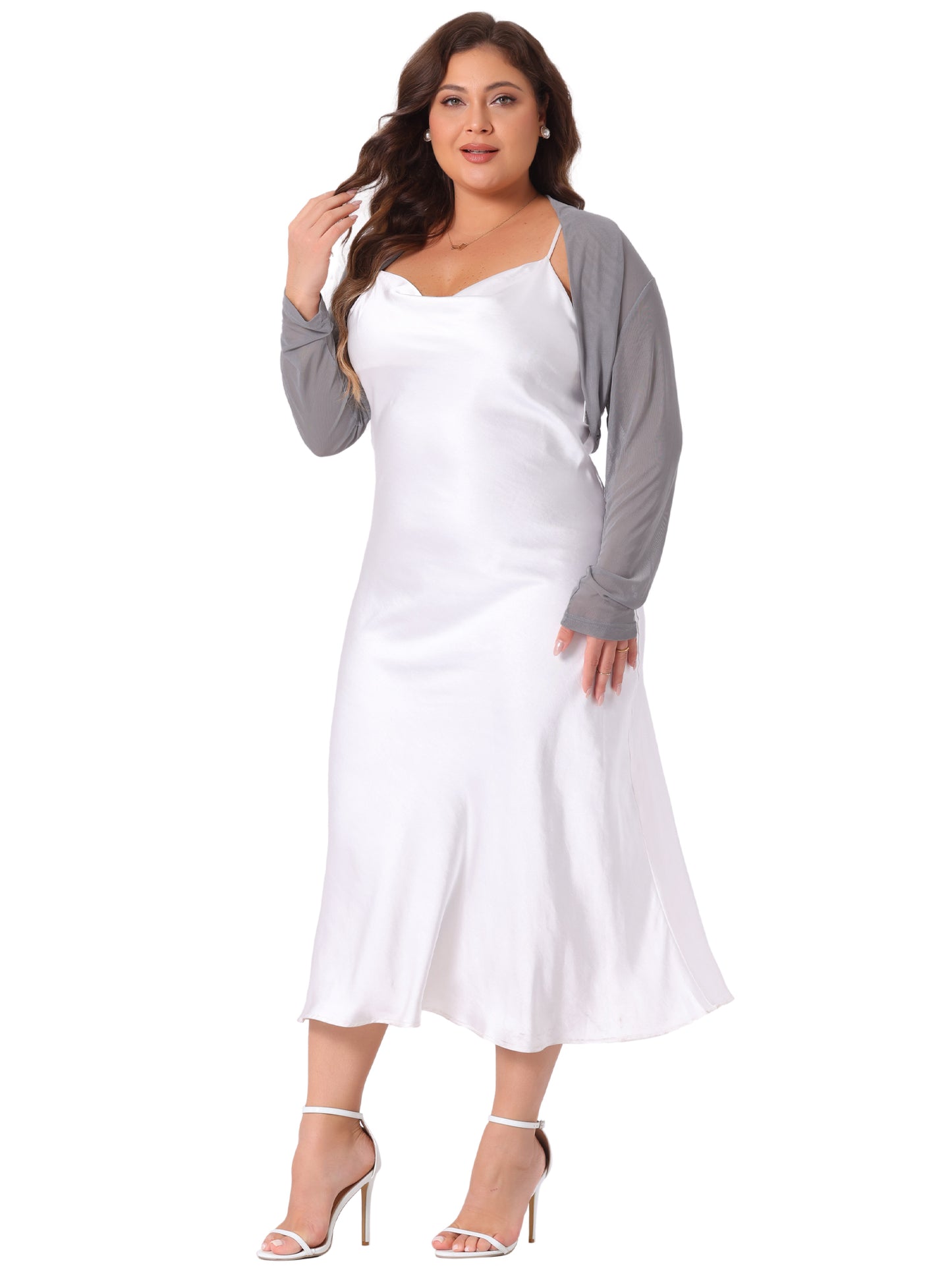 Women Plus Size Mesh Crop Cardigans Long Sleeve Open Front See Through Sheer Bolero Shrug Top
