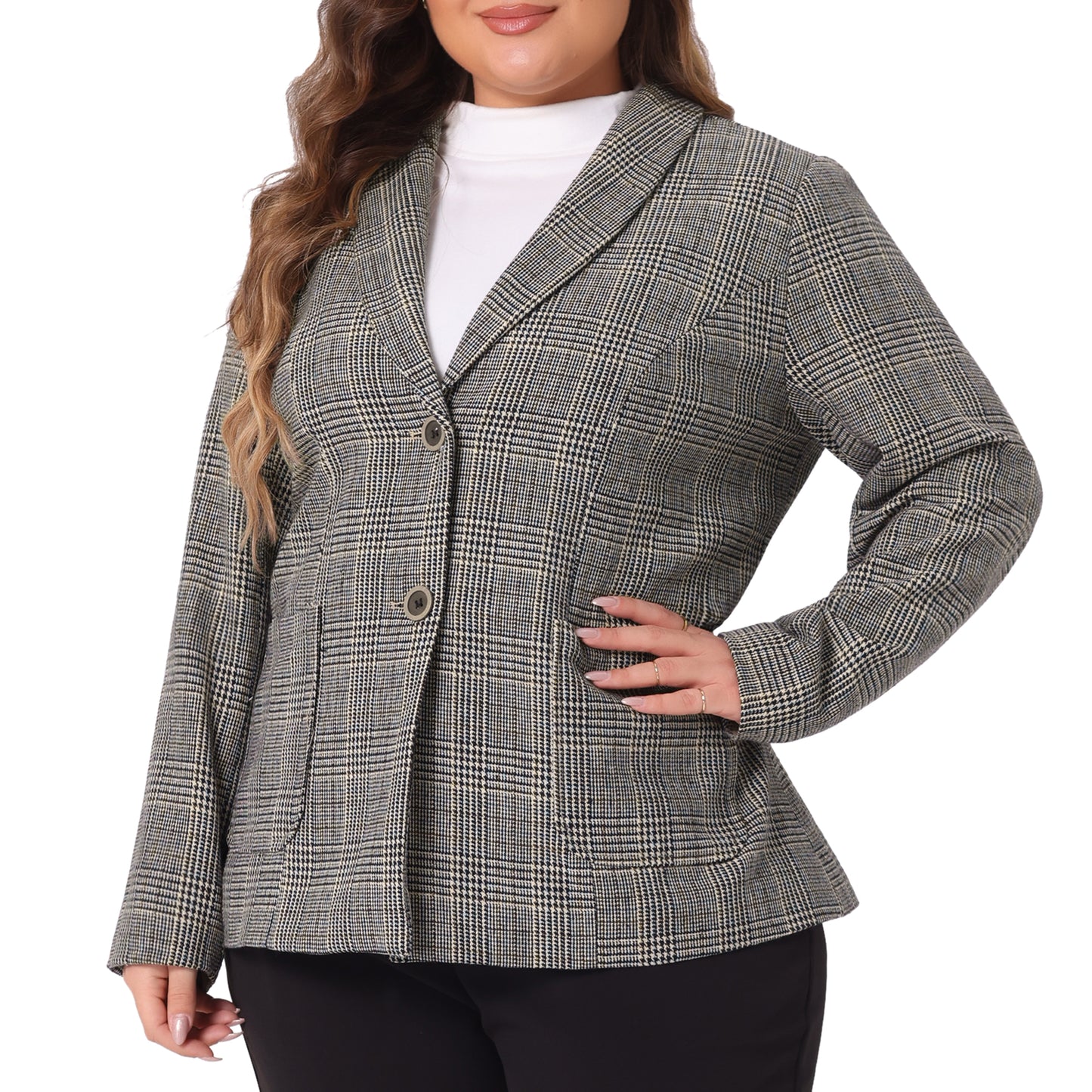 Blazer a cuadros de talla grande para mujer, chaqueta de solapa, blazer de oficina de botonadura sencilla