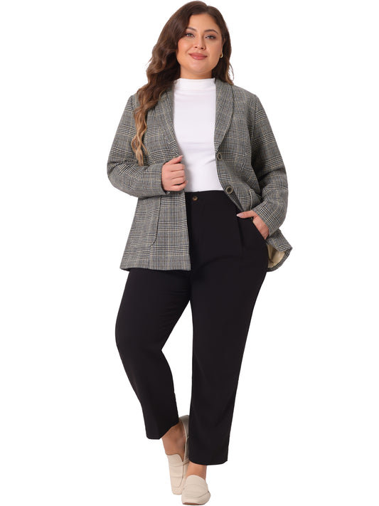 Blazer a cuadros de talla grande para mujer, chaqueta de solapa, blazer de oficina de botonadura sencilla