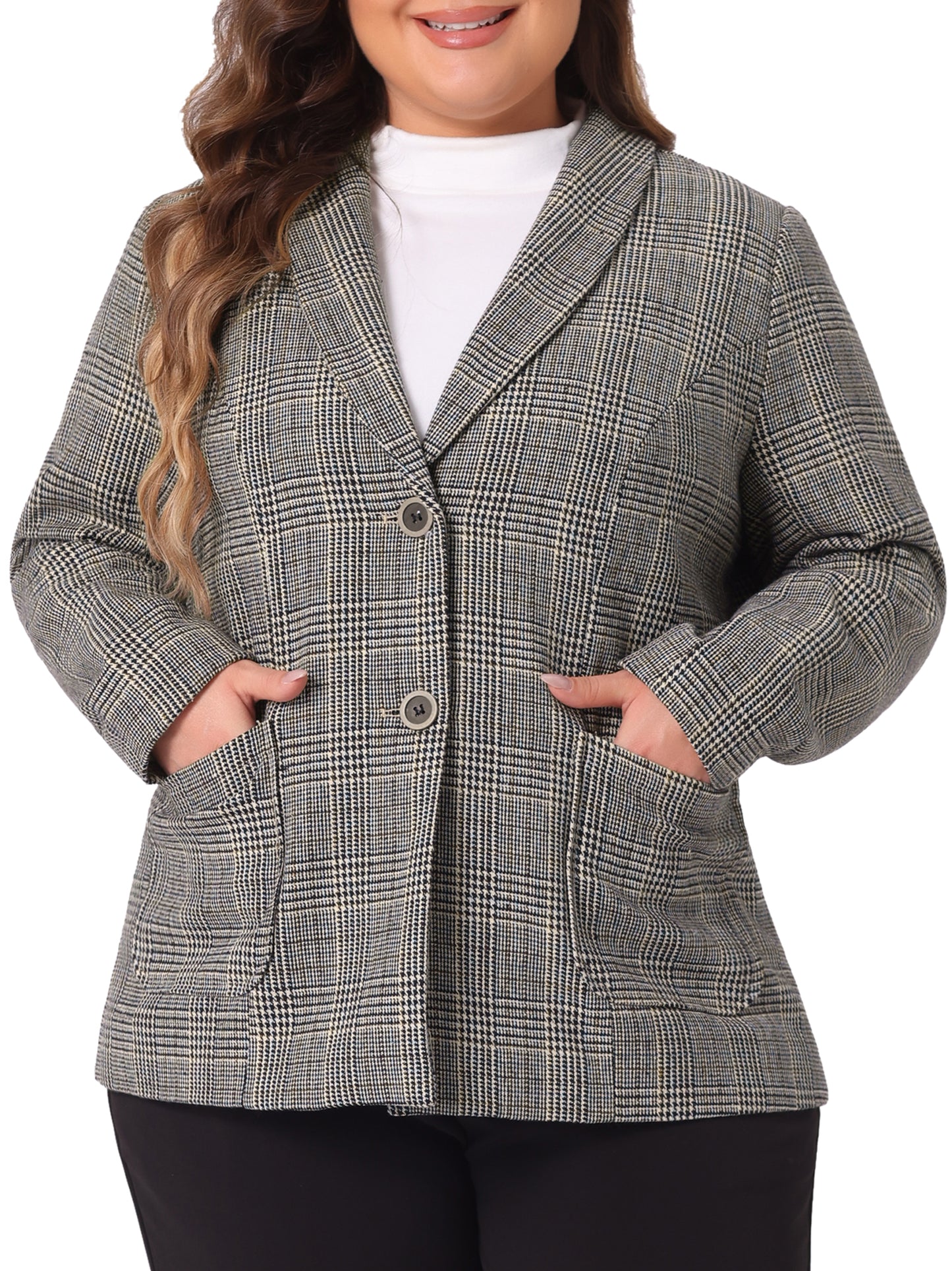 Blazer a cuadros de talla grande para mujer, chaqueta de solapa, blazer de oficina de botonadura sencilla