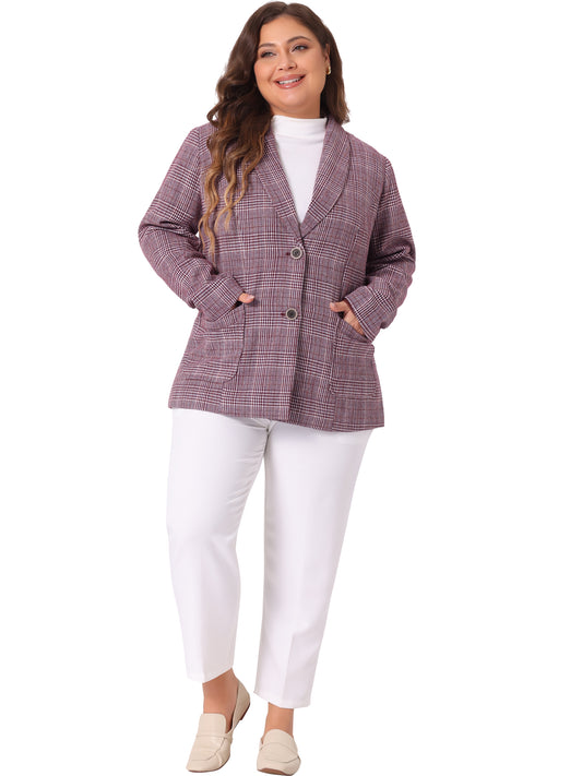 Women Plus Size Plaid Blazer Lapel Jacket Work Office Single Breasted Blazers