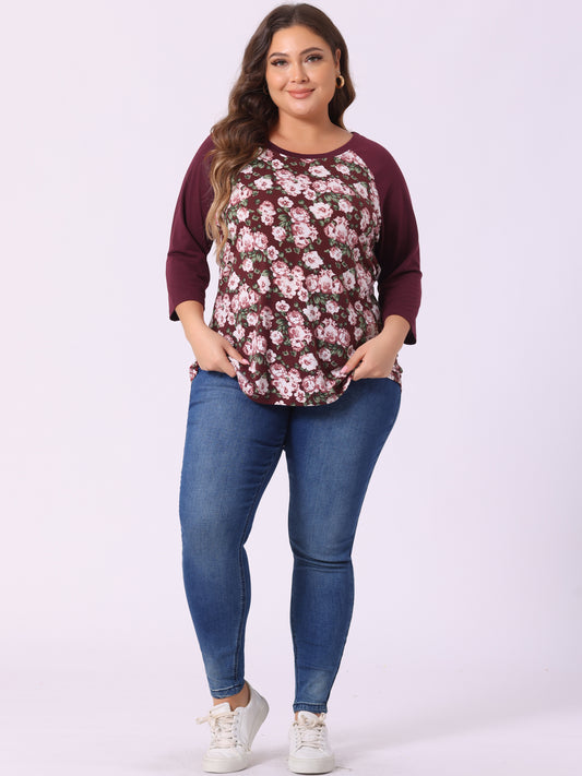 Women's Plus Size Raglan Crewneck 3/4 Sleeve Tunic Tee Shirt Floral Print T-Shirt Casual Top
