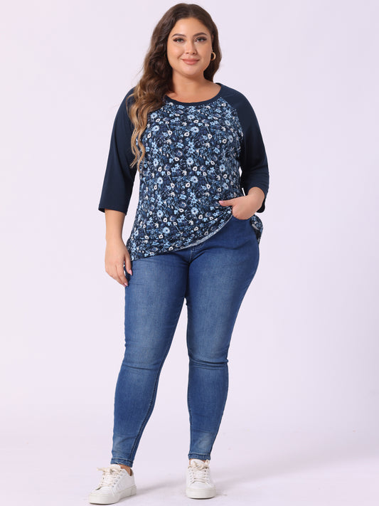 Women's Plus Size Raglan Crewneck 3/4 Sleeve Tunic Tee Shirt Floral Print T-Shirt Casual Top