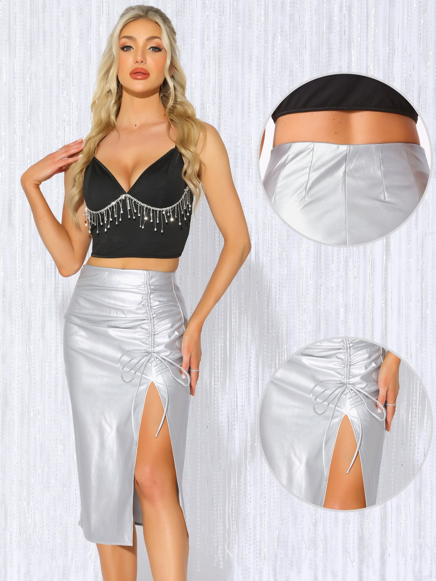 Women Faux Leather Skirts High Waisted Side Slit Bodycon Pencil Midi Skirt
