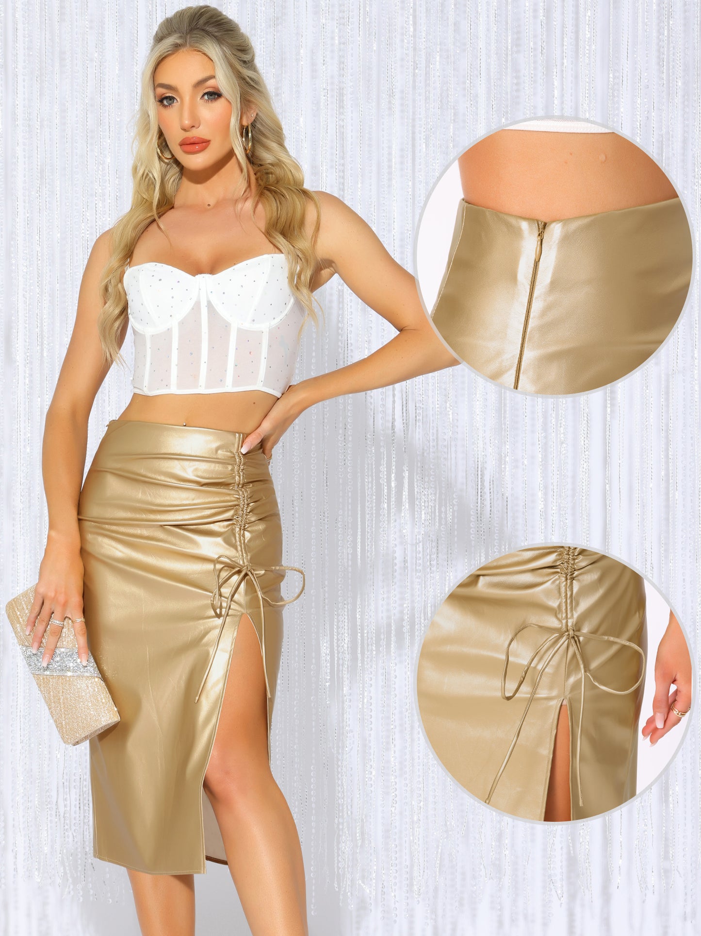 Women Faux Leather Skirts High Waisted Side Slit Bodycon Pencil Midi Skirt