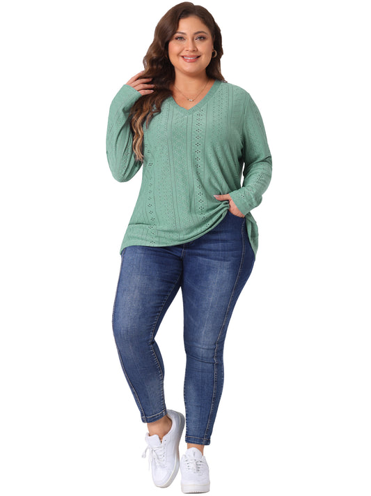 Women Plus Size Tops V Neck Long Sleeve Hollow Eyelet Tops Blouse Pullover T-Shirt