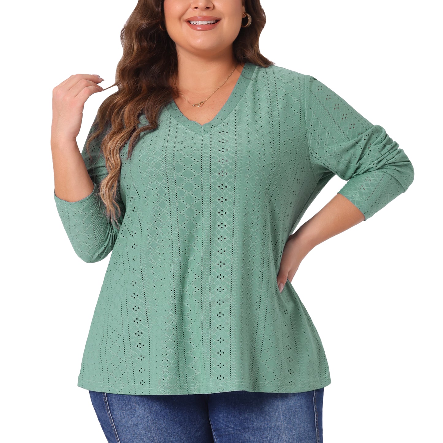 Women Plus Size Tops V Neck Long Sleeve Hollow Eyelet Tops Blouse Pullover T-Shirt