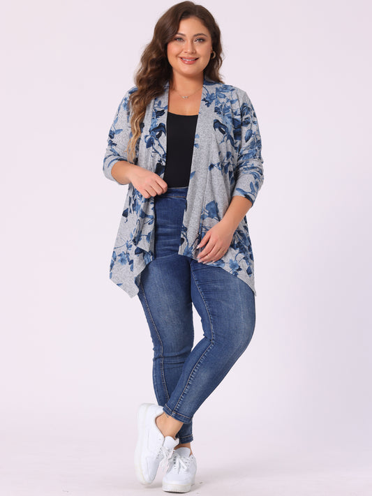 Women's Plus Size Cardigans Open Front Asymmetric Hem Printed Lightweight Jacket Fall Knit Cardigan