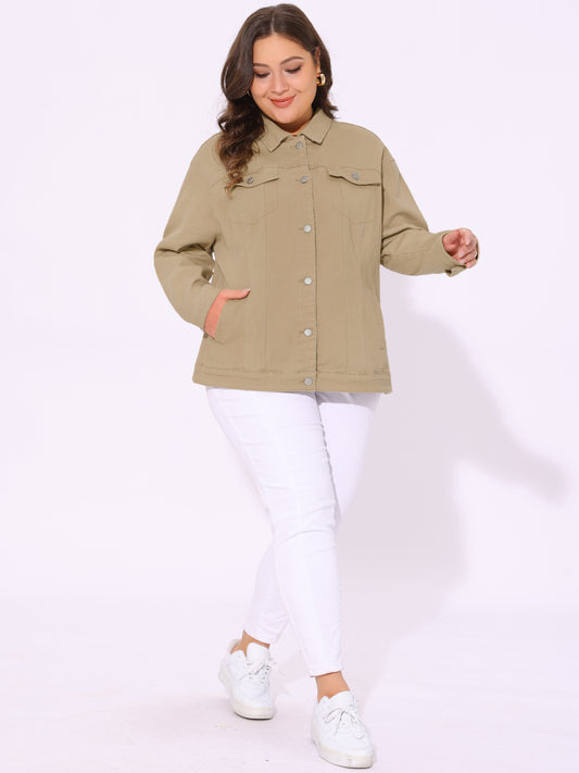 Women's Plus Size Jean Jacket Stitching Button Front Washed Denim Jacket
