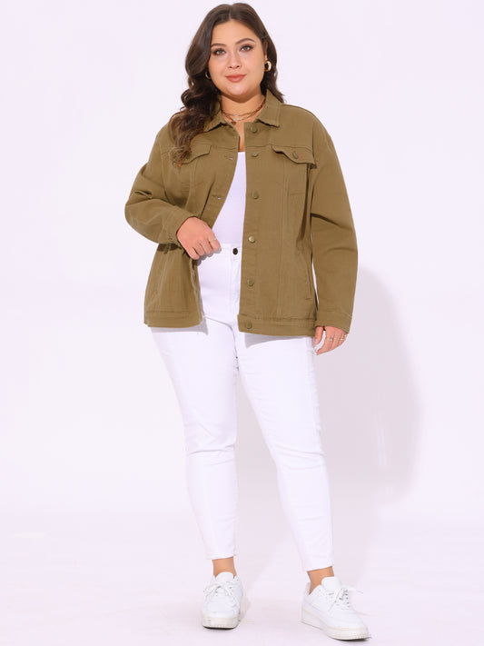 Women's Plus Size Jean Jacket Stitching Button Front Washed Denim Jacket