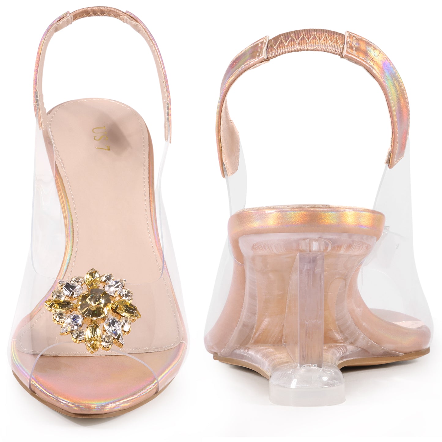 Sandalias de cuña con tacón bajo y tira trasera con diamantes de imitación transparentes para mujer