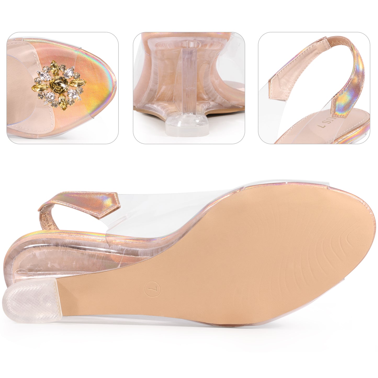 Sandalias de cuña con tacón bajo y tira trasera con diamantes de imitación transparentes para mujer