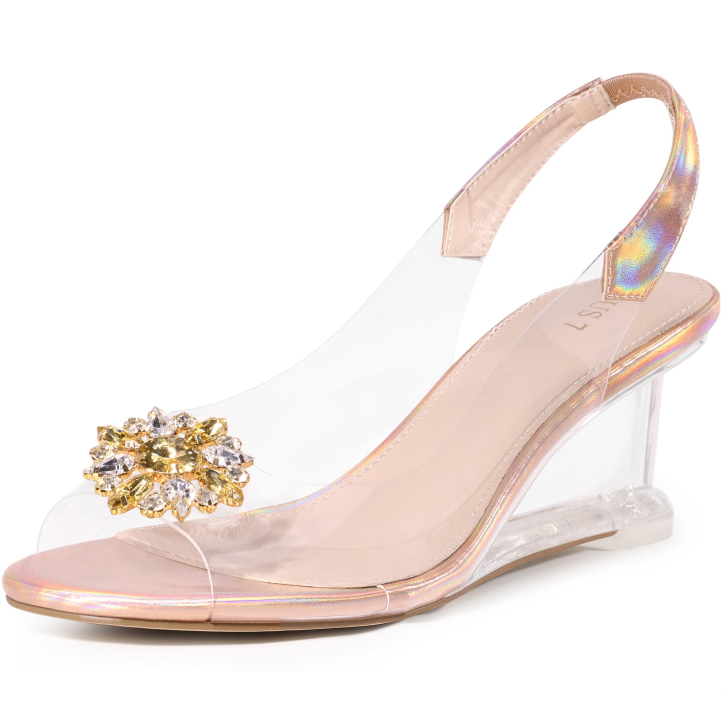 Sandalias de cuña con tacón bajo y tira trasera con diamantes de imitación transparentes para mujer