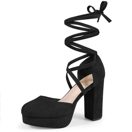 Zapatos de tacón de bloque con plataforma y tiras con cordones para mujer