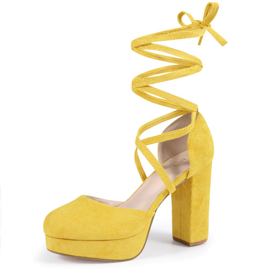 Zapatos de tacón de bloque con plataforma y tiras con cordones para mujer