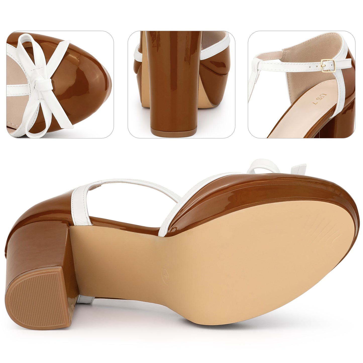Women Bow T-Strap Platform Chunky Heels Pumps