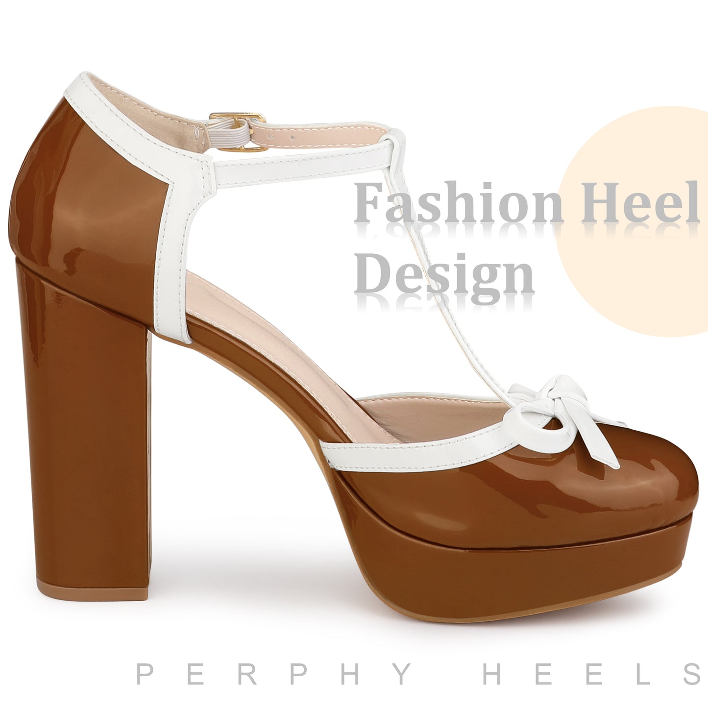 Women Bow T-Strap Platform Chunky Heels Pumps