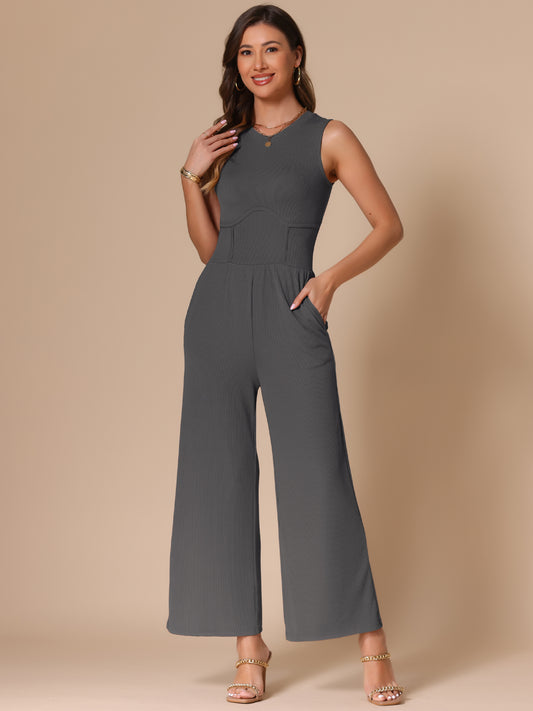 Women's Summer Jumpsuit Dressy Casual Outfits Sleeveless Crewneck Wide Leg Pants