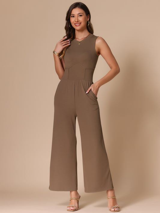 Women's Summer Jumpsuit Dressy Casual Outfits Sleeveless Crewneck Wide Leg Pants