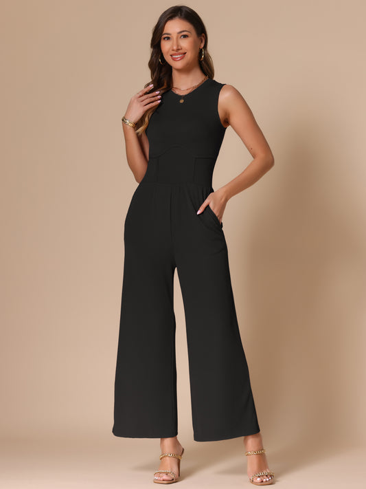 Women's Summer Jumpsuit Dressy Casual Outfits Sleeveless Crewneck Wide Leg Pants