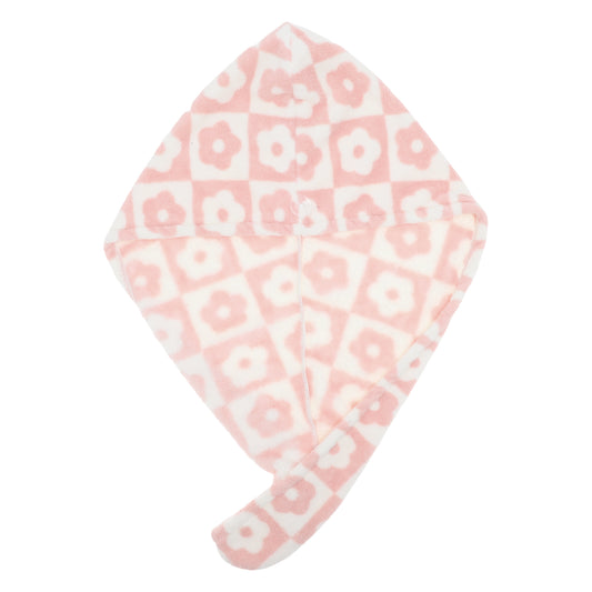 1 Pc Women Soft Checkered Flowers Hair Towel Wrap for Bathroom Pink
