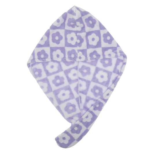 1 Pc Women Soft Checkered Flowers Hair Towel Wrap for Bathroom Purple