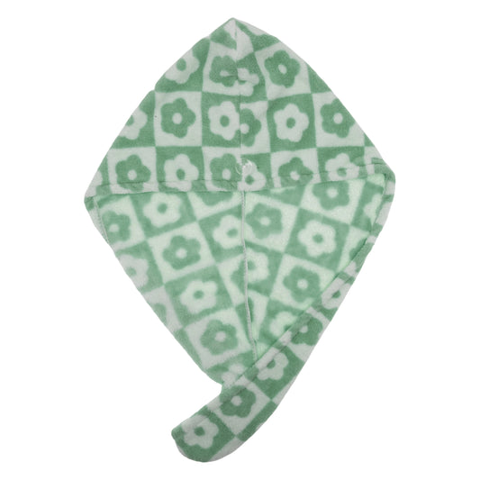 1 Pc Women Soft Checkered Flowers Hair Towel Wrap for Bathroom Green