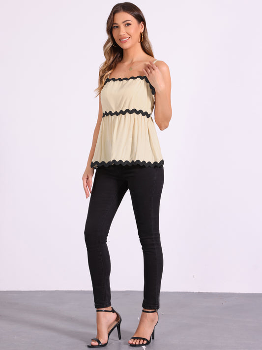 Women's Summer Cami Top Adjustable Spaghetti Straps Sleeveless Contrast Color Peplum Tank Top