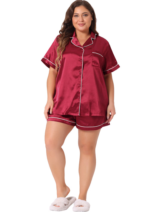 Women Plus Size Pajamas Set Satin Button Down Tops Sleepwear Pajama Shorts 2 Pcs Lounge Sets with Pocket