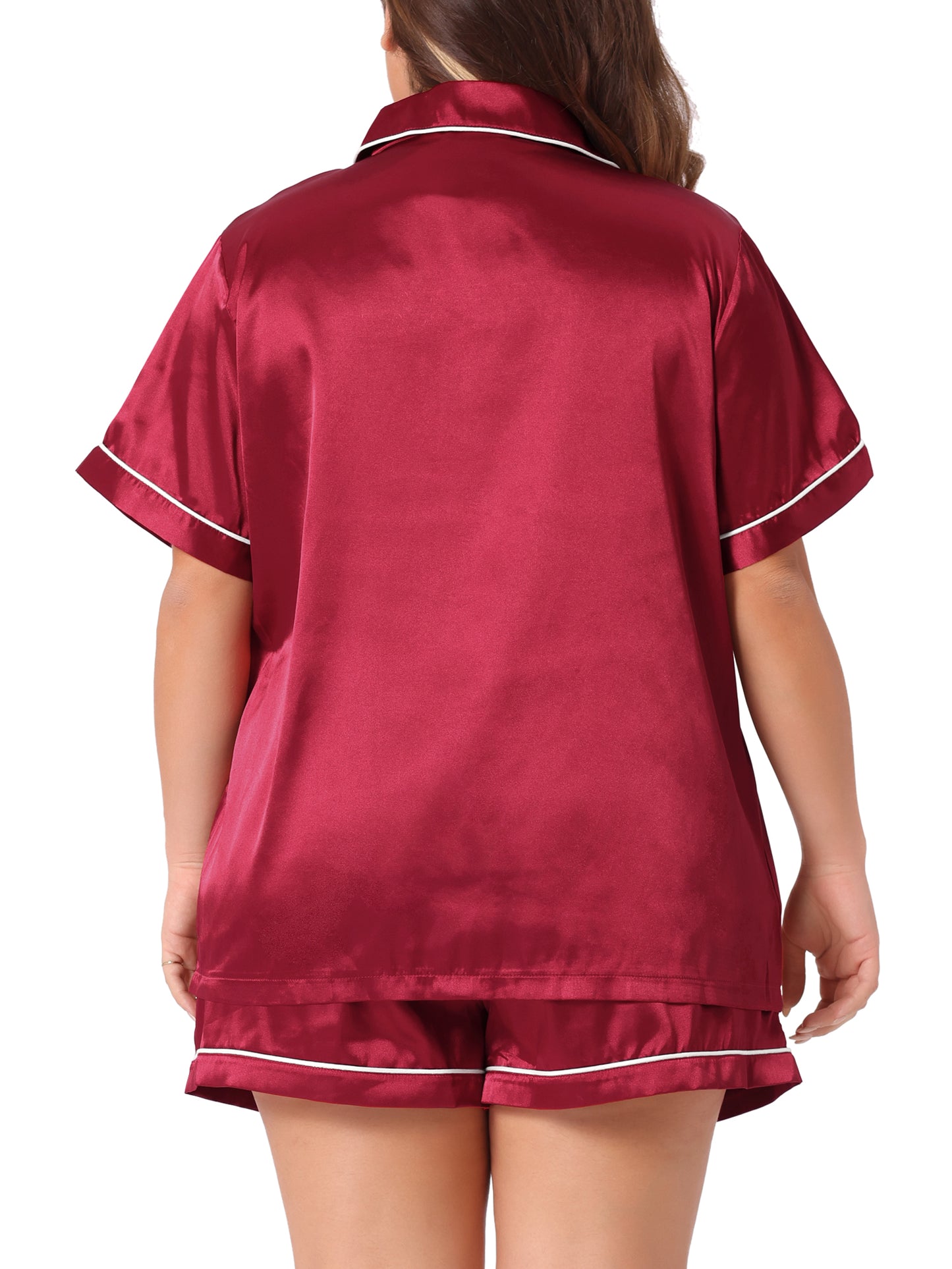 Women Plus Size Pajamas Set Satin Button Down Tops Sleepwear Pajama Shorts 2 Pcs Lounge Sets with Pocket