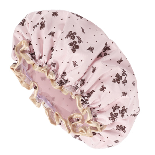 1 Pc Women Double Layer Butterfly Shower Cap for Bathroom Vacation Light Pink