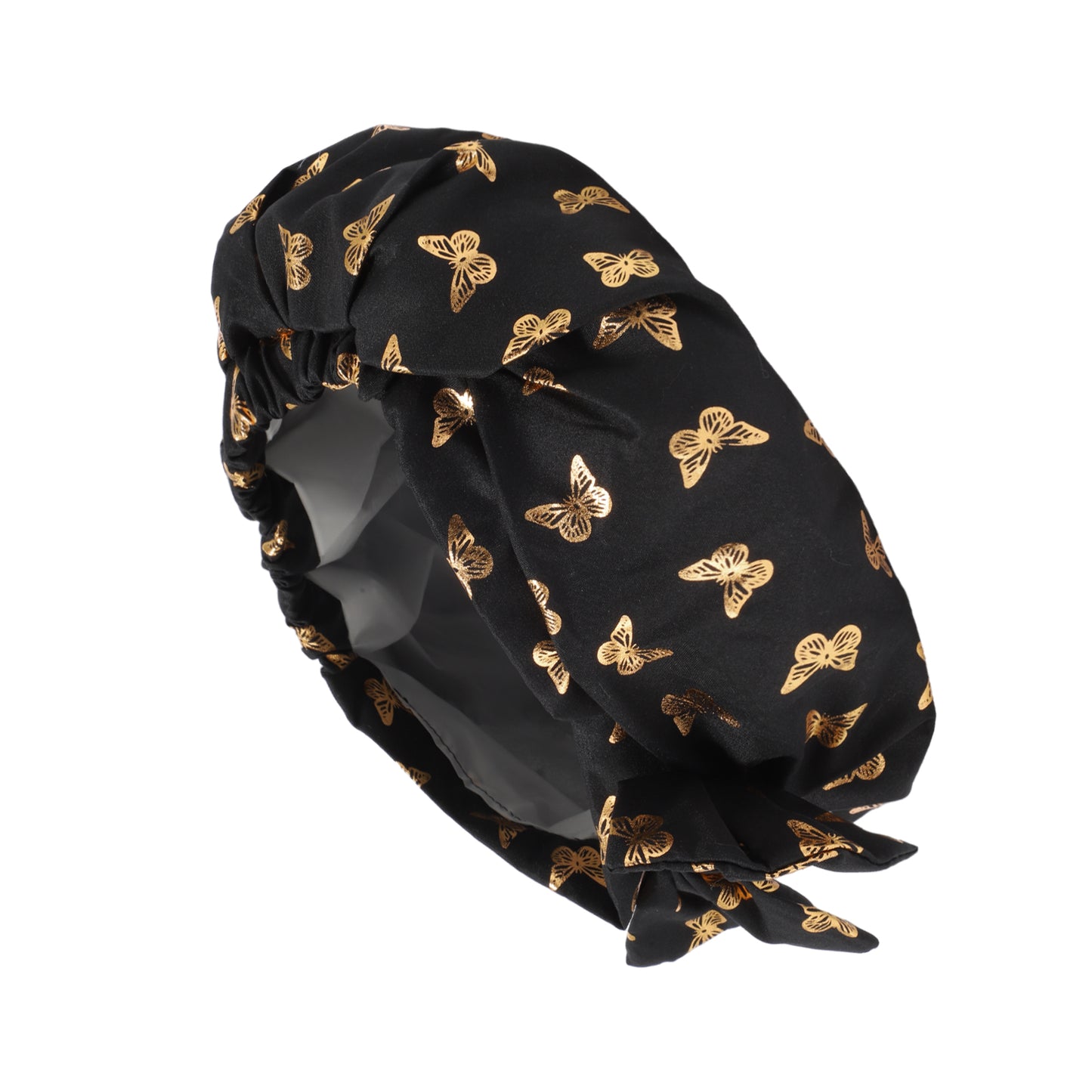 1 Pc Women Double Layer Gilded Bow Shower Cap for Bathroom Vacation Travel Black