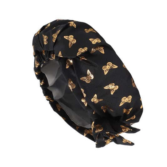 1 Pc Women Double Layer Gilded Bow Shower Cap for Bathroom Vacation Travel Black