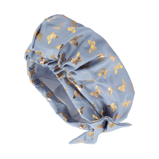 1 Pc Women Double Layer Gilded Bow Shower Cap for Bathroom Vacation Travel Blue