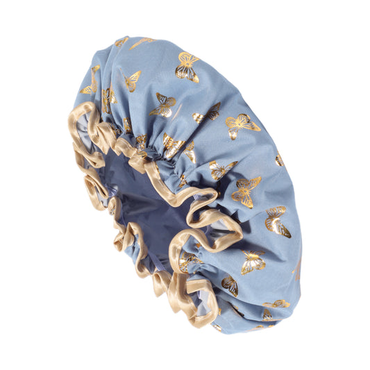 1 Pc Women Double Layer Gilded Butterfly Shower Cap for Bathroom Vacation Blue