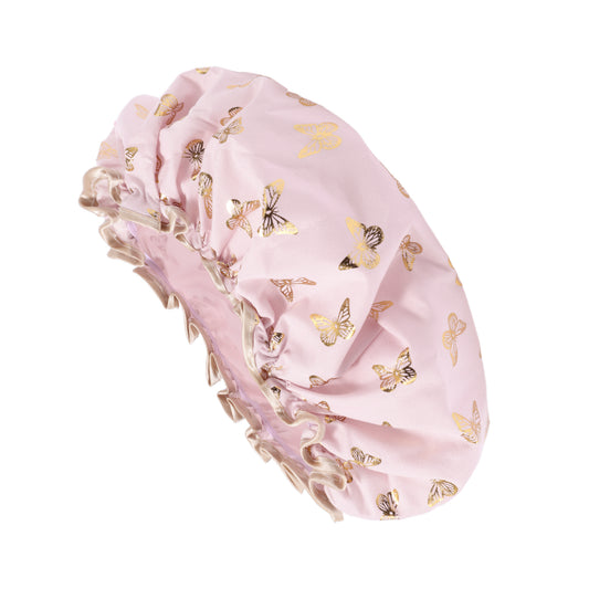 1 Pc Women Double Layer Gilded Butterfly Shower Cap for Bathroom Vacation Deep Pink