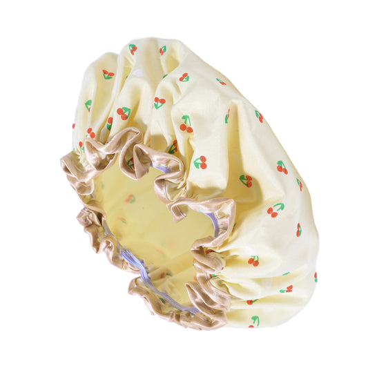 1 Pc Women Double Layer Cherry Pattern Shower Cap for Bathroom Vacation Yellow