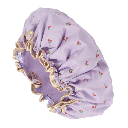1 Pc Women Double Layer Cherry Pattern Shower Cap for Bathroom Vacation Purple