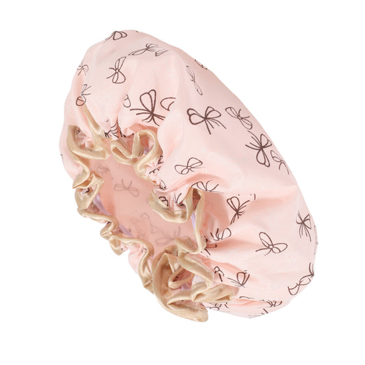 1 Pc Women Double Layer Bow Pattern Shower Cap for Bathroom Vacation Travel Pink