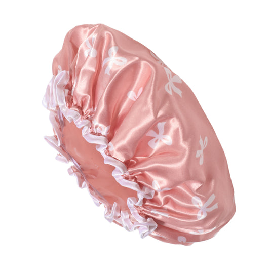 1 Pc Women Double Layer Bow Shower Cap for Bathroom Vacation Travel Hotel Pink