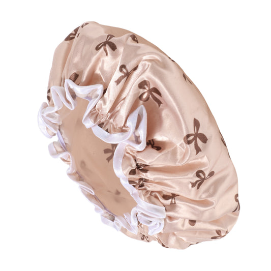1 Pc Women Double Layer Bow Shower Cap for Bathroom Vacation Travel Hotel Brown