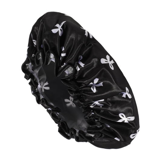 1 Pc Women Double Layer Bow Shower Cap for Bathroom Vacation Travel Hotel Black