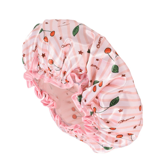 1 Pc Women Double Layer Small Cherry Shower Cap for Bathroom Vacation Travel Pink