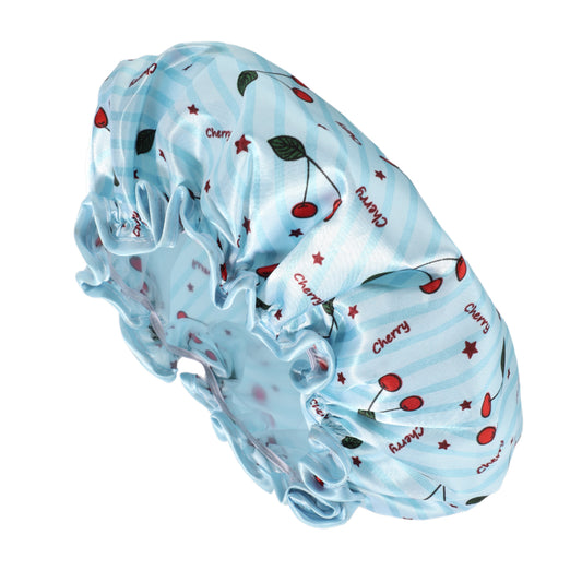 1 Pc Women Double Layer Small Cherry Shower Cap for Bathroom Vacation Sky Blue
