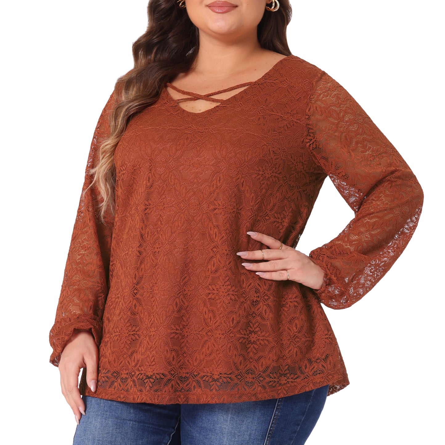Women Plus Size Lace Blouse Sheer Long Sleeve Elastic Cuff Layer Cross V Neck Top