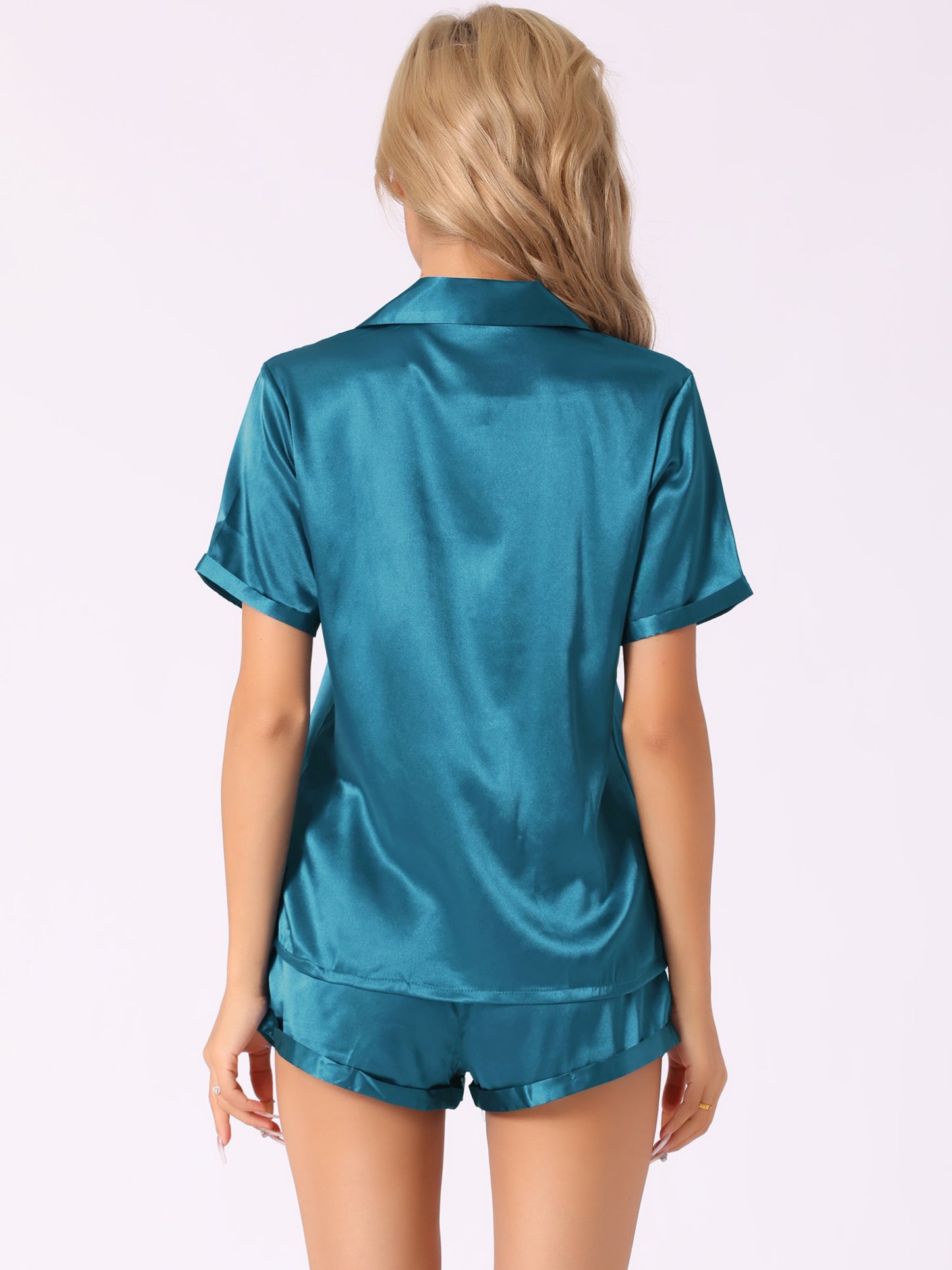 Women's Satin Pajama Set Button Short Sleeve Shirt and Shorts Loungwear Sleepwear