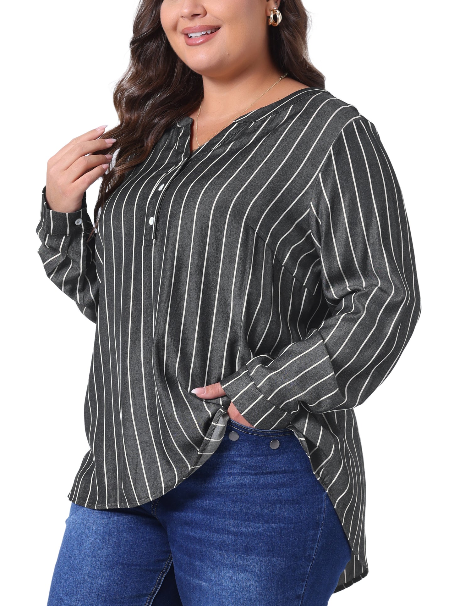Women Plus Size Long Sleeve Button Down Shirt Top